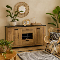 Wyld Haus Juniper 2-Door 2-Drawer Sideboard In Chestnut And Matera Grey With Wine Rack