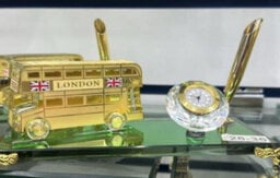 Biznest Crystal Glass Gold Plated Figurine Ornament Souvenir Home Decor Shelf 14.5 X 12 X 8 Cm ( London Bus, Clock & Pen Holder )