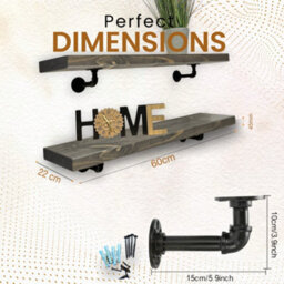 MKGT Industrial Pipe Bracket Wooden Floating Shelves, Rustic Wall Decor (Driftwood Grey, 60Cm) - thumbnail 2