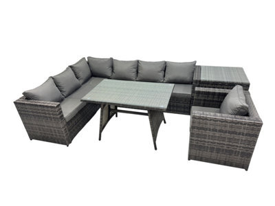 Fimous 7-Seater Outdoor Pe Rattan Sofa Set With Dining Table Patio Garden Furniture Sets With Chair Side Table Dark Grey Mixed - image 1