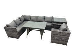 Fimous 7-Seater Outdoor Pe Rattan Sofa Set With Dining Table Patio Garden Furniture Sets With Chair Side Table Dark Grey Mixed - thumbnail 1