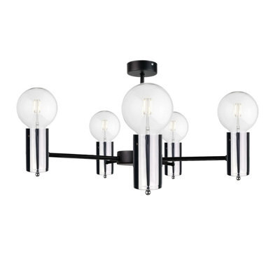 Luminosa Lighting Luminosa Arde Multi Arm Semi Flush Ceiling Light Black, Silver, 60Cm, 5X E27