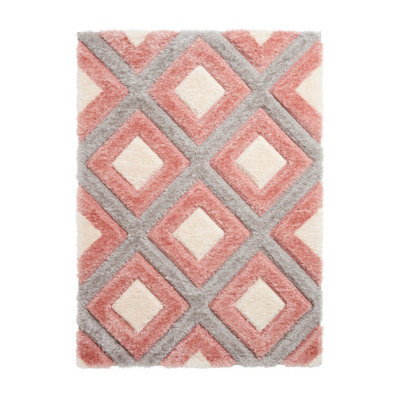 Grey Pink Shaggy Rug, Geometric Rug With 40mm Thickness, Modern Luxurious Rug For Bedroom, & Dining Room-120Cm X 170Cm
