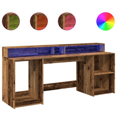 Berkfield Durable Desk With Led Lights Old Wood 200X55X91 Cm Engineered Wood