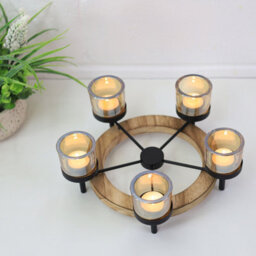 Tea Light Holder 5Pc Amber Candle Jars With Round Tealight Wooden Stand Decor - thumbnail 2