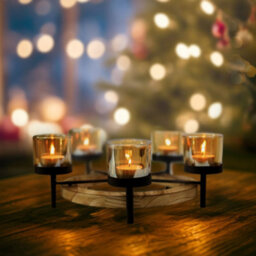 Tea Light Holder 5Pc Amber Candle Jars With Round Tealight Wooden Stand Decor - thumbnail 3