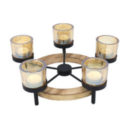 Tea Light Holder 5Pc Amber Candle Jars With Round Tealight Wooden Stand Decor - thumbnail 1