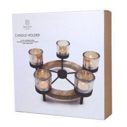 Tea Light Holder 5Pc Amber Candle Jars With Round Tealight Wooden Stand Decor - thumbnail 6