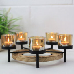 Tea Light Holder 5Pc Amber Candle Jars With Round Tealight Wooden Stand Decor - thumbnail 4