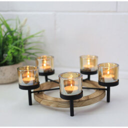 Tea Light Holder 5Pc Amber Candle Jars With Round Tealight Wooden Stand Decor - thumbnail 5