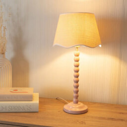 Valuelights Bobbins Painted Rose Table Lamp With Linen Scallop White Trim Shade And Led Bulb