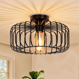 Thehotsale E26 60W Black Modern Semi-Flush Metal Lantern Shape Ceiling Light - thumbnail 1