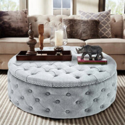 Grey&white Extra Large Round Cushioned Pouffe Seat Linen Ottoman Coffee Table Sofa Footrest - thumbnail 3