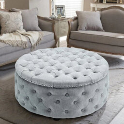 Grey&white Extra Large Round Cushioned Pouffe Seat Linen Ottoman Coffee Table Sofa Footrest - thumbnail 4