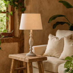 Wyld Haus Milan Distressed Grey Carved Wooden Table Lamp With Cream Linen Shade