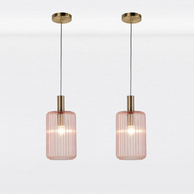 First Choice Lighting Set Of 2 Blush Pink And Gold Fluted Glass Design Pendant Fittings - image 1