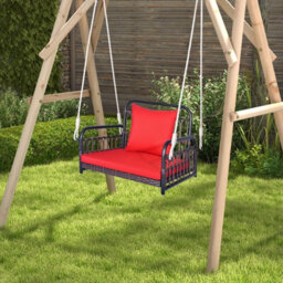 Costway Hanging Porch Swing Chair Rattan Woven Rocking Chair W/ Cushion & Rope - thumbnail 5