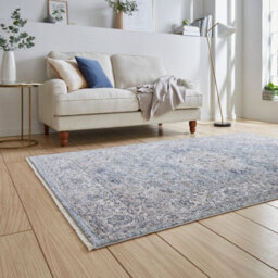 Blue Traditional Bordered Floral 10mm Thick Stain-Resistant Rug For Bedroom, Living Room, & Dining Room-60Cm X 230Cm (Runner) - thumbnail 2
