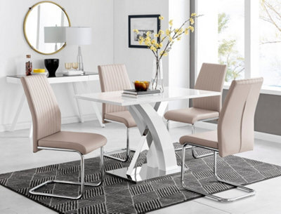 Furniturebox Atlanta White High Gloss And Chrome 4 Seater Dining Table With Statement X Shaped Legs And 4 Beige Faux Leather Lorenzo Chairs - image 1