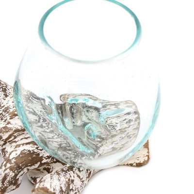 Small Molten Glass Bowl With Whitewash Wood Base Decorative Accent - image 1