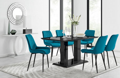 Furniturebox Imperia Black High Gloss 6 Seater Dining Table With Structural 2 Plinth Column Legs 6 Blue Velvet Black Leg Pesaro Chairs - image 1