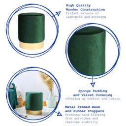 Harbour Housewares Round Velvet Foot Stool - Green - Modern Dressing Table Pouffe Footstool Vanity Seats Vanity Chair Pouf - thumbnail 2