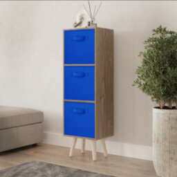 Urbn-Living Urbnliving 80Cm Height 3 Tier Oak Wooden Storage Bookcase Scandinavian Style Pine Legs With Dark Blue Inserts