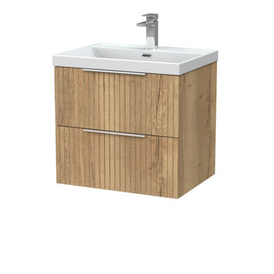 Balterley Callingwood Contemporary Wall Hung 2 Drawer Vanity Unit With Thin-Edge Ceramic Basin , 600mm, Autumn Oak - image 1
