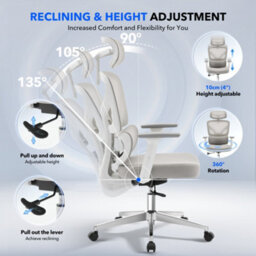 High Back Mesh Office Chair, 3D Adjustable Headrest, Lumbar Support & 3D Armrests, 135 Reclining Swivel Desk Chair, Gray - thumbnail 4