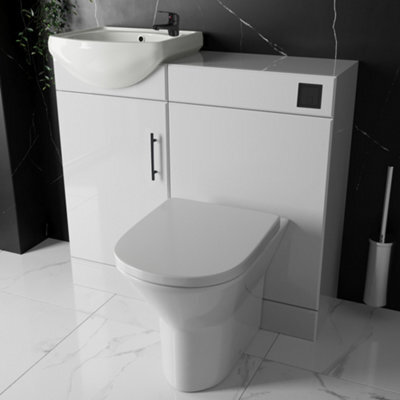 Bubly Bathrooms™ Modern Gloss White Combined Bathroom Furniture Set With Vanity, Rimless Btw Toilet & Matt Black Fittings - image 1