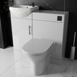 Bubly Bathrooms™ Modern Gloss White Combined Bathroom Furniture Set With Vanity, Rimless Btw Toilet & Matt Black Fittings - thumbnail 1