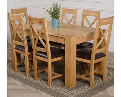 That's Furniture Kuba 150 X 85 Cm Chunky Medium Oak Dining Table And 6 Chairs Dining Set With Berkeley Brown Leather Chairs - image 1