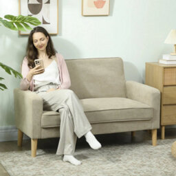 2 Seater Sofa, Velvet-Feel Upholstered Loveseat For Small Space, Beige - thumbnail 3