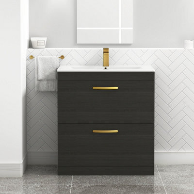 Royal Bathrooms Turin Hale Black 800mm Floor Standing Vanity Unit 2 Drawer With Minimalist Basin Sink & Brushed Brass Handles - image 1