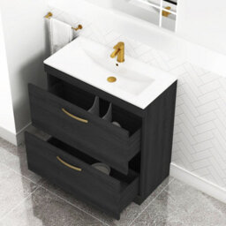 Royal Bathrooms Turin Hale Black 800mm Floor Standing Vanity Unit 2 Drawer With Minimalist Basin Sink & Brushed Brass Handles - thumbnail 5
