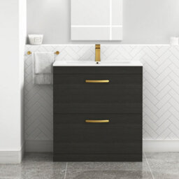 Royal Bathrooms Turin Hale Black 800mm Floor Standing Vanity Unit 2 Drawer With Minimalist Basin Sink & Brushed Brass Handles