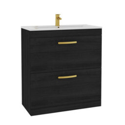 Royal Bathrooms Turin Hale Black 800mm Floor Standing Vanity Unit 2 Drawer With Minimalist Basin Sink & Brushed Brass Handles - thumbnail 6