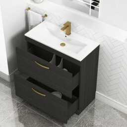 Royal Bathrooms Turin Hale Black 800mm Floor Standing Vanity Unit 2 Drawer With Minimalist Basin Sink & Brushed Brass Handles - thumbnail 3