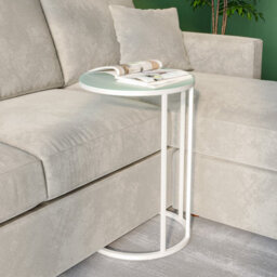 Urbn-Living Urbnliving 60Cm Height C-Shape Sofa Bed Snack Side End Portable Small Couch Table White Legs Glass Top - thumbnail 2