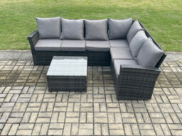 Fimous 6 Seater Wicker Pe Outdoor Garden Furniture Set High Back Rattan Corner Sofa Set With Armchair Square Coffee Table - thumbnail 2