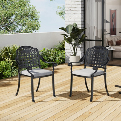 Breeins Set Of 2 Black Cast Aluminum Stackable Chairs Bistro Garden Armchair With Seat Cushions - image 1