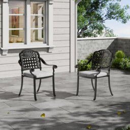 Breeins Set Of 2 Black Cast Aluminum Stackable Chairs Bistro Garden Armchair With Seat Cushions - thumbnail 2