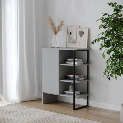 Urbn-Living Urbnliving 79Cm Height Wood Steel Living Room 1 Door Bedside Cabinet Shelf Bookcase Unit Grey Colour