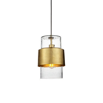 Luminosa Lighting Luminosa Palermo Slim Pendant Ceiling Light Hammered Brass Plate, Textured Clear Glass - image 1