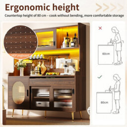 Abrihome Led Lit Sideboard With Fluted Glass Doors 145Cm Country Style 5-Door Storage Cabinet Freestanding Buffet For Kitchen Brown - thumbnail 3