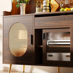 Abrihome Led Lit Sideboard With Fluted Glass Doors 145Cm Country Style 5-Door Storage Cabinet Freestanding Buffet For Kitchen Brown - thumbnail 7