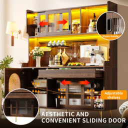 Abrihome Led Lit Sideboard With Fluted Glass Doors 145Cm Country Style 5-Door Storage Cabinet Freestanding Buffet For Kitchen Brown - thumbnail 5