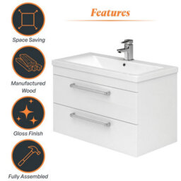 Plum&clay Novela Gloss White Wall Hung Vanity Unit With Ceramic Basin Bathroom Furniture (W)800mm - thumbnail 6
