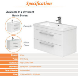Plum&clay Novela Gloss White Wall Hung Vanity Unit With Ceramic Basin Bathroom Furniture (W)800mm - thumbnail 5