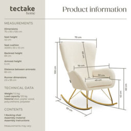 Tectake 1 Rocking Chair Swing - Armchair With Steel Runners And Thick Padding  - Cream/gold - thumbnail 6